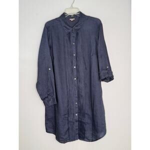 J.Jill Linen Blue Pin-tuck Roll-tab Sleeve Mini Shirt Dress Sz 1 X Plus